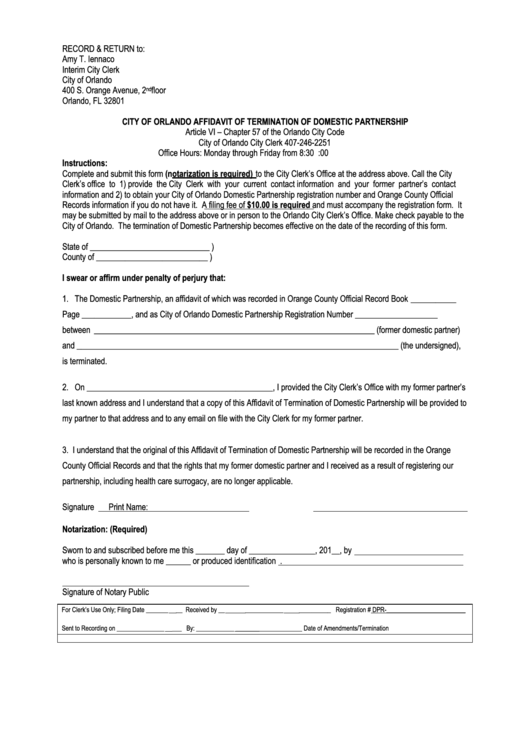 Domestic Partnership Termination Affidavit - City Of Orlando Printable pdf