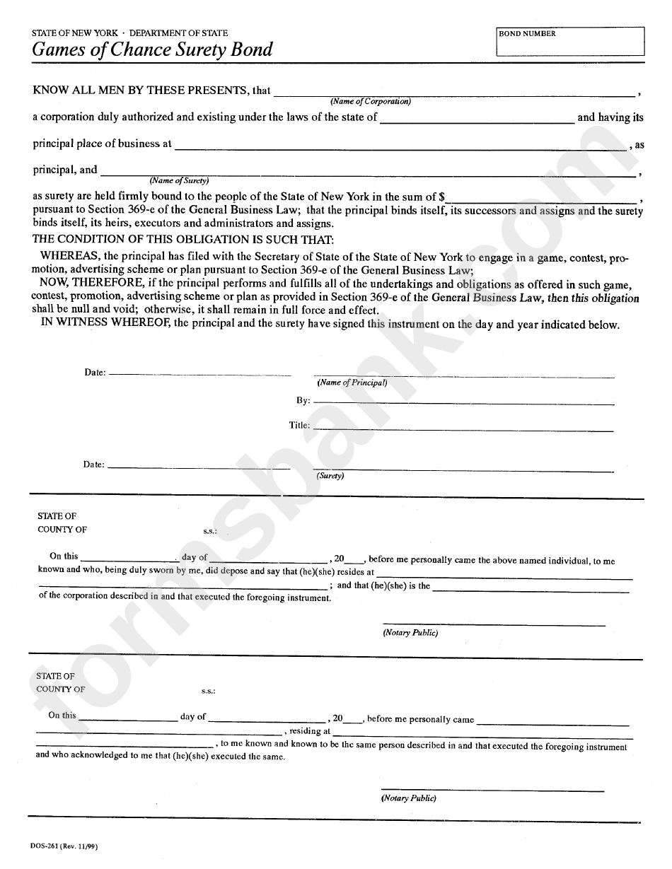 Form Dos-261 - Games Of Chance Surety Bond - Department Of State Of New York