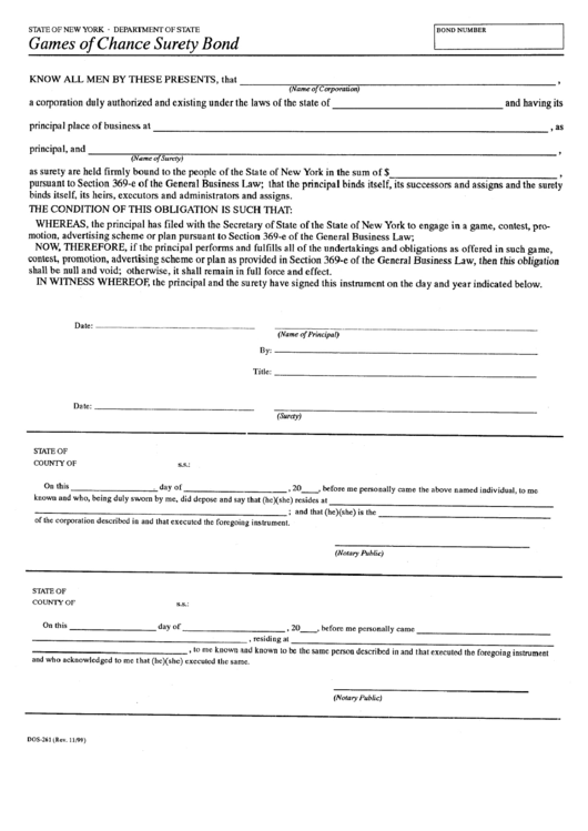 Form Dos-261 - Games Of Chance Surety Bond - Department Of State Of New York Printable pdf