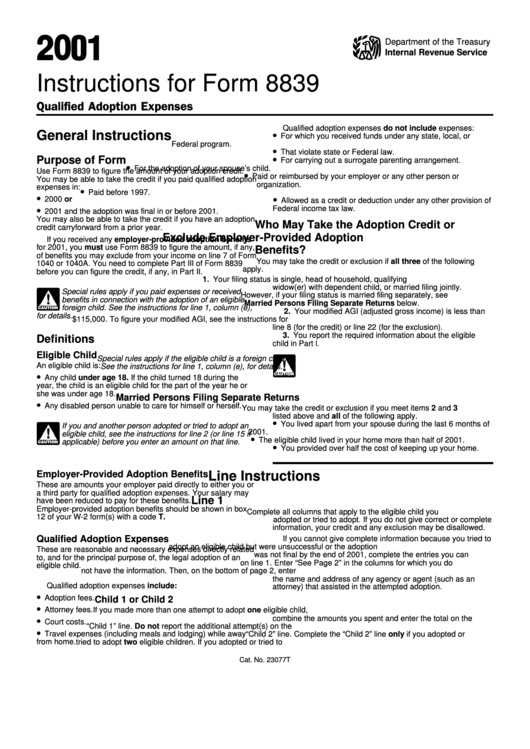 Instructions For Form 8839 - Department Of Treasury - Internal Revenue Service - 2001 Printable pdf
