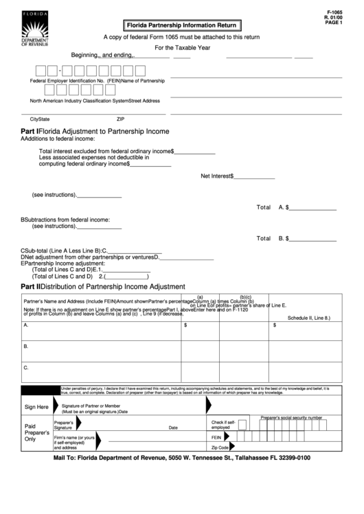 Form F -1065 - Florida Partnership Information Return - Department Of Revenue Printable pdf