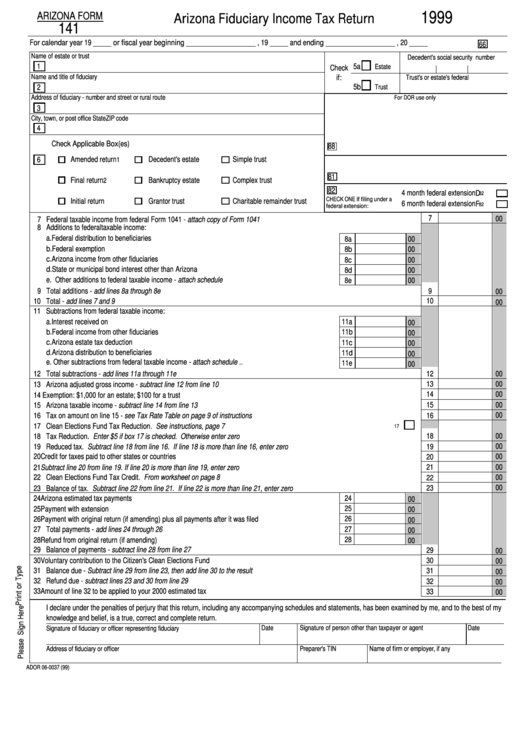 Form 141 - Arizona Fiduciary Income Tax Return - 1999 printable pdf ...