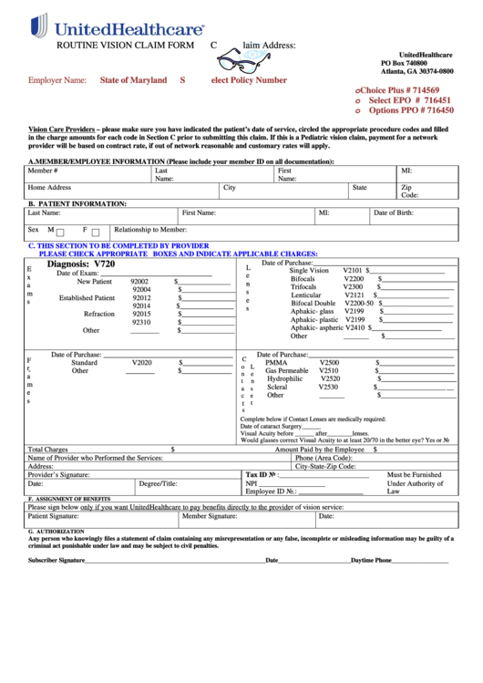 United Healthcare Routine Vision Claim Form Printable pdf