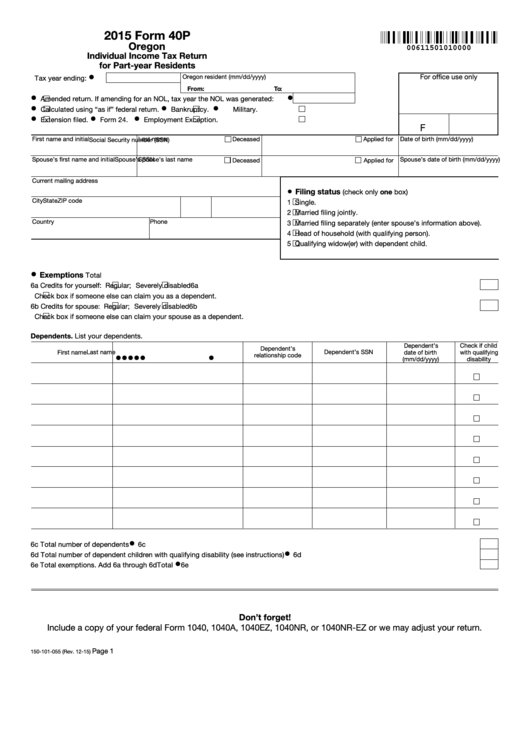 Fillable Form 40p - Oregon Individual Income Tax Return For Part-Year Residents - 2015 Printable pdf
