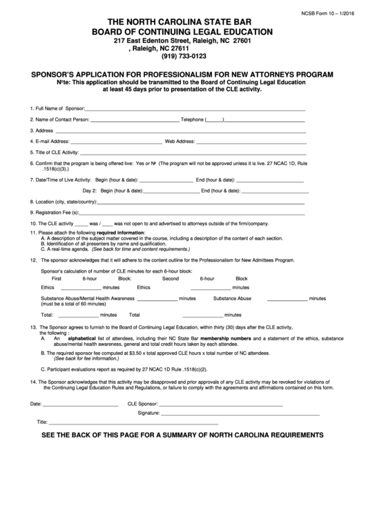 Fillable Ncsb Form 10 Sponsor'S Application For Professionalism For