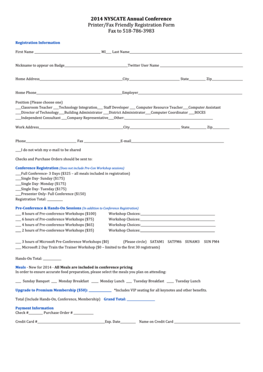 Printer/fax Friendly Registration Form - Nyscate Annual Conference - 2014 Printable pdf
