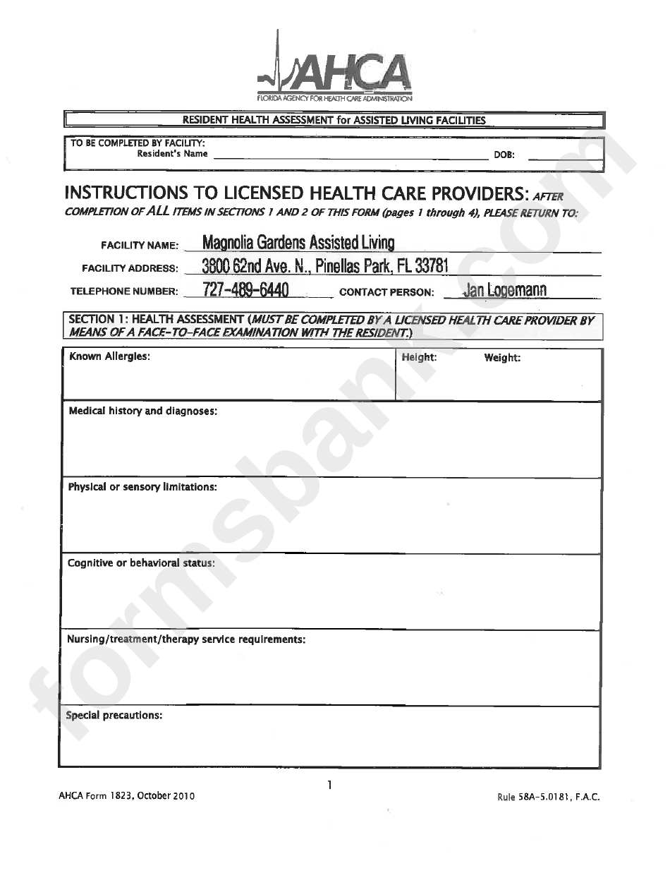 Ahca Form 1823 - Resident Health Assessment For Assisted Living Facilities