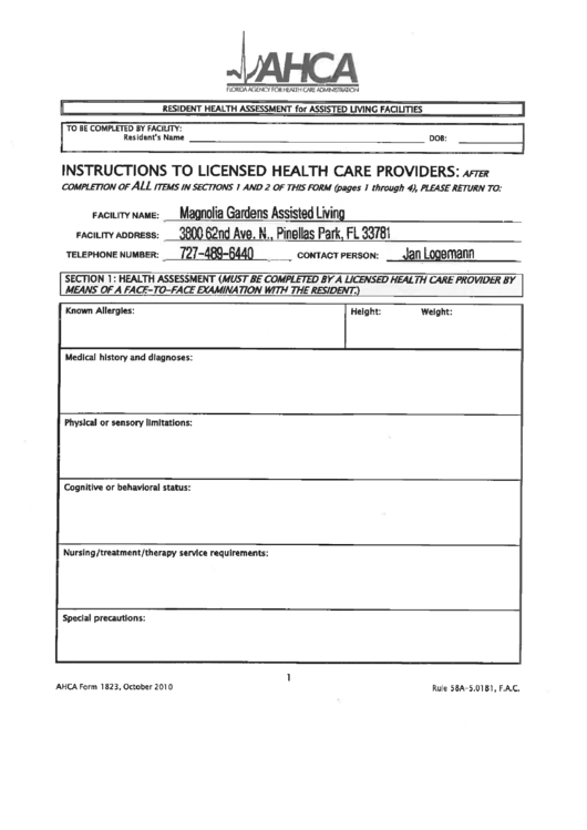 Ahca Form 1823 Resident Health Assessment For Assisted Living Facilities Printable Pdf Download