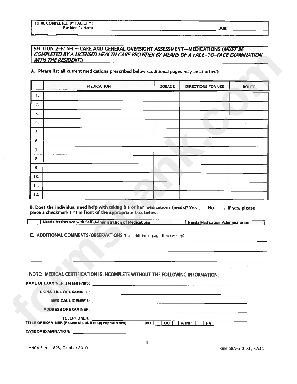 Ahca Form 1823 - Resident Health Assessment For Assisted Living Facilities