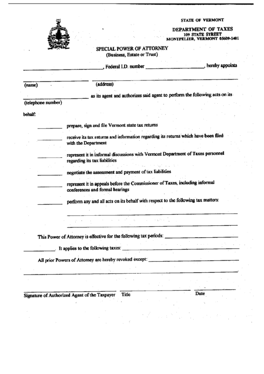 Special Power Of Attorney Form - Department Of Taxes - State Of Vermont Printable pdf