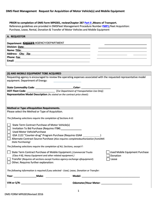 Fillable Dms Form Mp6301 - Request For Acquisition Of Motor Vehicle(S) And Mobile Equipment Printable pdf