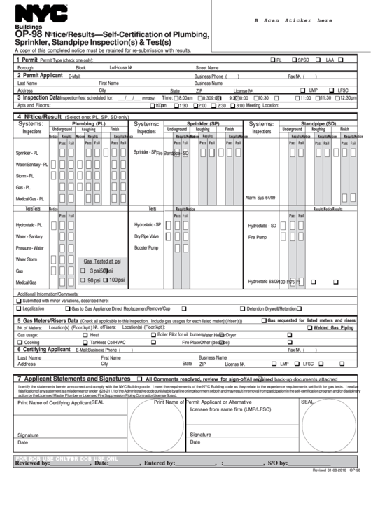 Fillable Form Op-98 - Notice/results - Self-Certification Of Plumbing, Sprinkler, Standpipe Inspections(S) & Test(S) Printable pdf