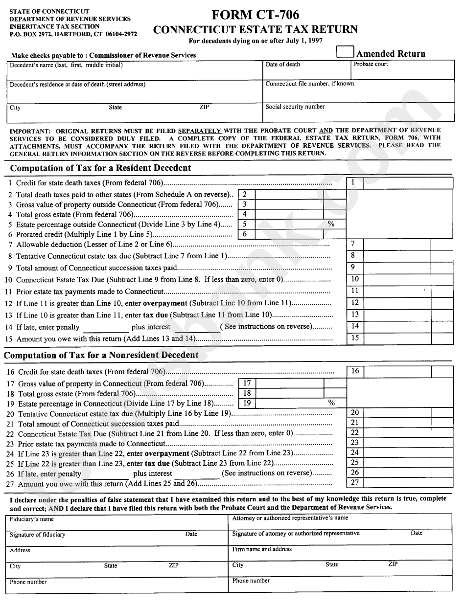 Form Ct-706 - Connecticut Estate Tax Return - Inheritance Tax Section - Department Of Revenue Services - 1997