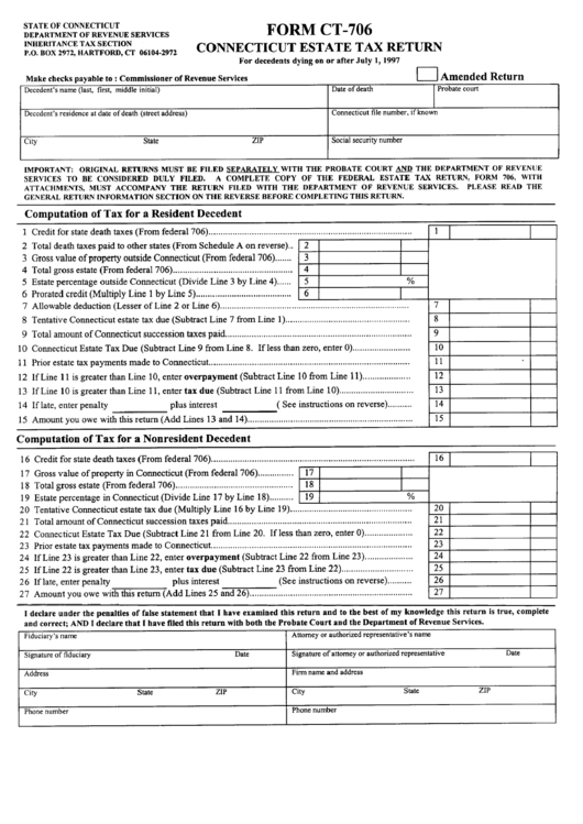 Form Ct-706 - Connecticut Estate Tax Return - Inheritance Tax Section - Department Of Revenue Services - 1997 Printable pdf