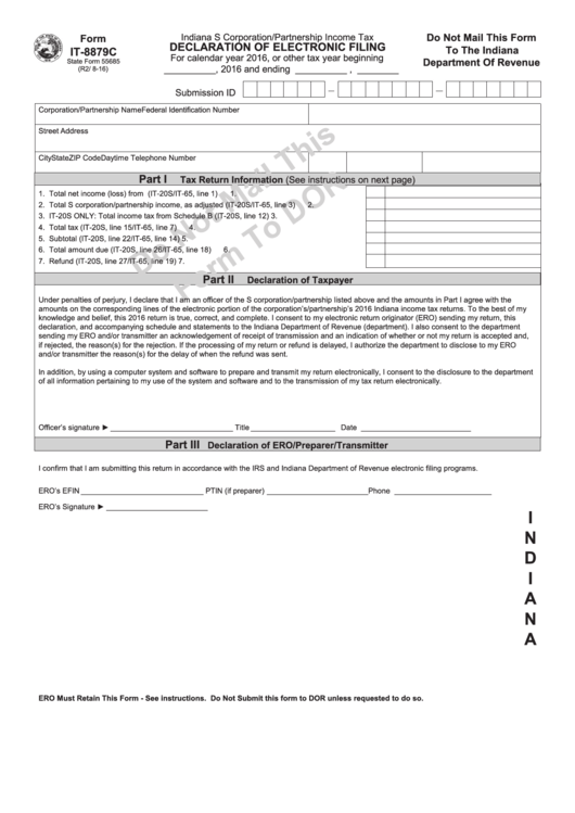 Fillable Form It-8879c - Declaration Of Electronic Filing - 2016 Printable pdf