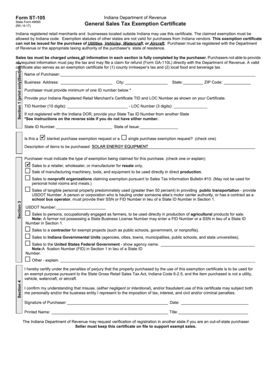 Fillable Form St-105 - General Sales Tax Exemption Certificate - Indiana Department Of Revenue Printable pdf