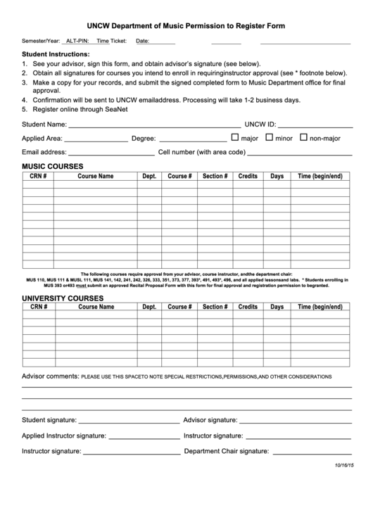 Fillable Uncw Department Of Music Permission To Register Form Printable pdf