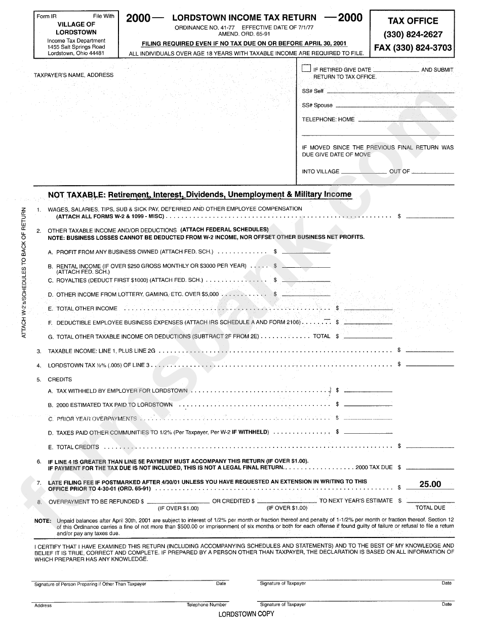 Form Ir - Lordstown Income Tax Return - Income Tax Department - 2000 ...