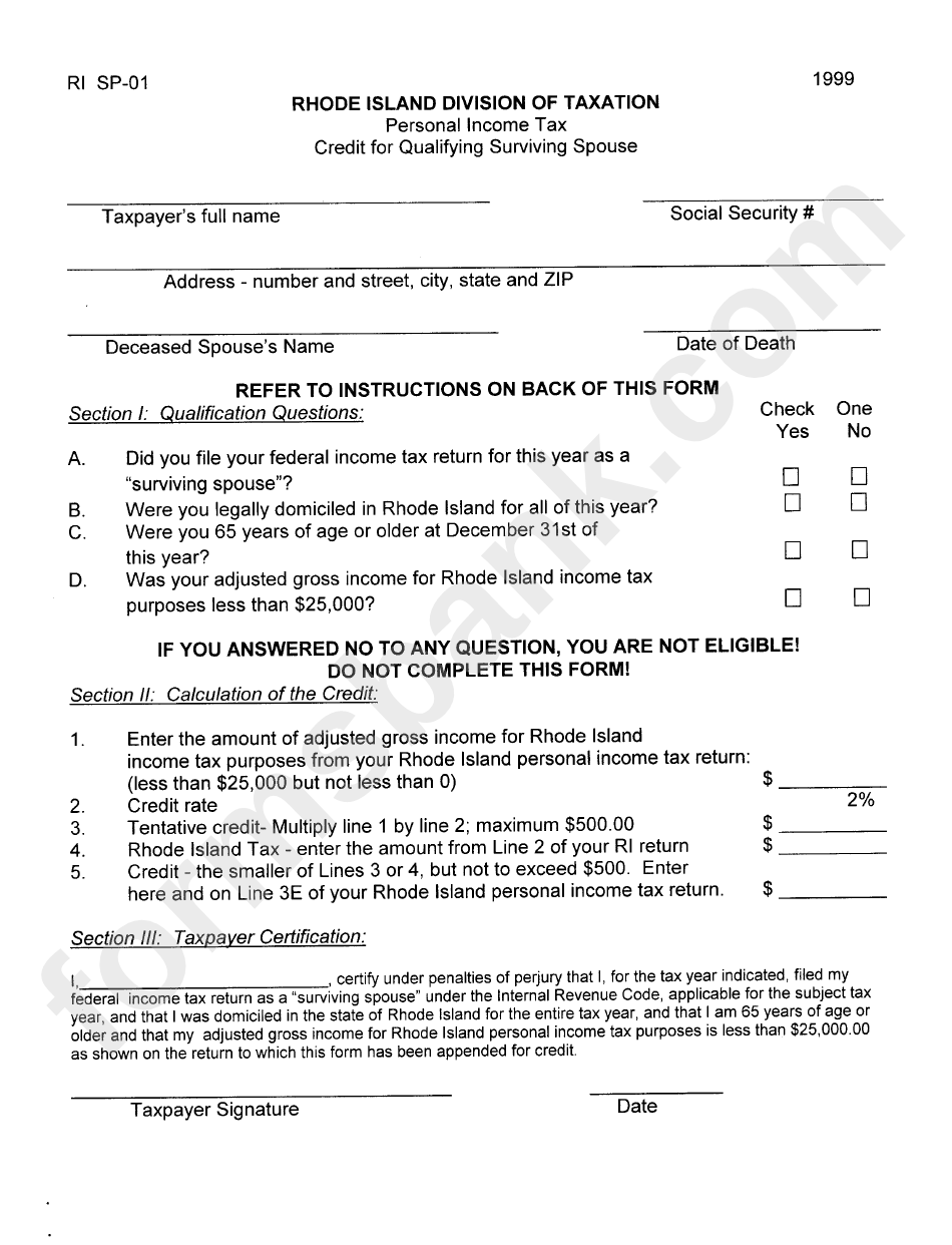 Form Ri Sp-01 - Personal Income Tax - Credit Qualifyying Surviving Spouse - Rhode Island Division Of Taxation - 1999