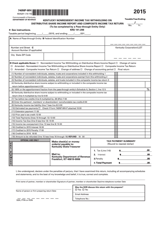 Form 740np-Wh - Kentucky Nonresident Income Tax Withholding On Distributive Share Income Report And Composite Income Tax Return - 2015 Printable pdf