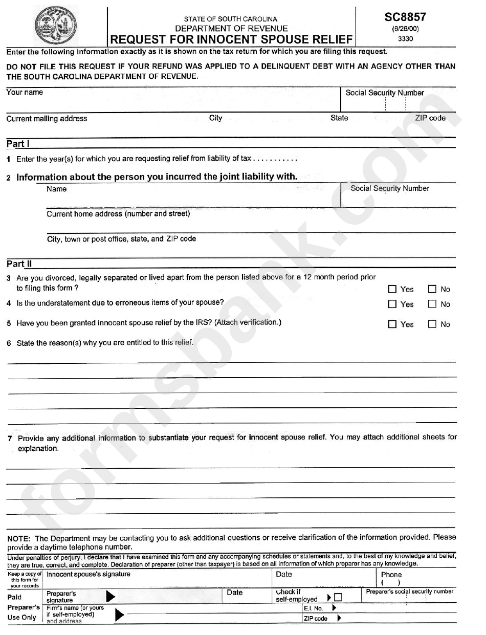 Form Sc8857 - Request For Innocent Spouse Relief - Department Of Revenue - State Of South Carolina