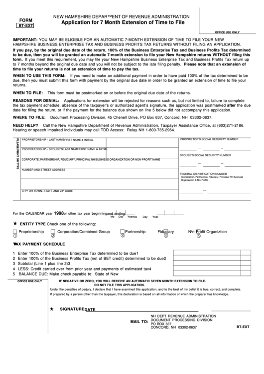Fillable Form Bt-Ext - Application For 7 Month Extension Of Time To File - New Hampshire Department Of Revenue Administration Printable pdf