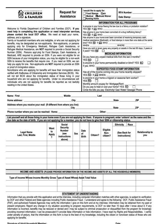 Form CfEs 2066 Request For Assistance Florida Department Of Children And Family 2003