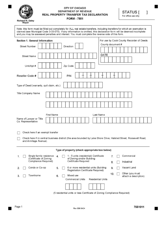 Form 7551 - Real Property Transfer Tax Declaration - Department Of Revenue - City Of Chicago Printable pdf