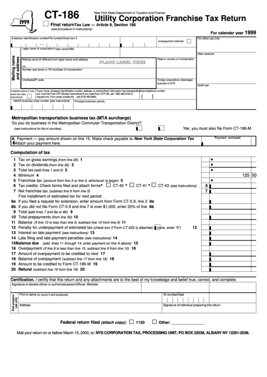 Form Ct-186 - Utility Corporation Franchise Tax Return - 1999 Printable pdf