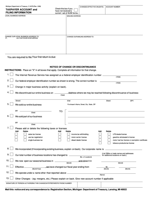 Form C-3479 - Taxpayer Account And Filing Information - 1996 Printable pdf
