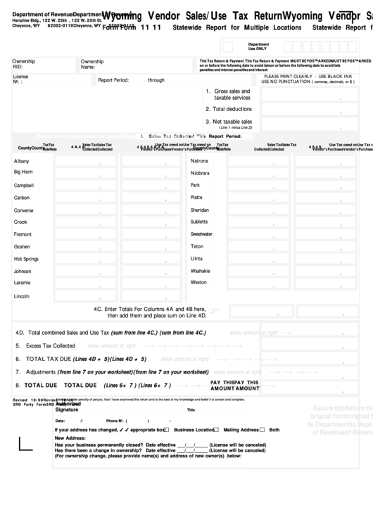 Form 11 - Wyoming Vendor Sales/use Tax Return - Department Of Revenue Printable pdf
