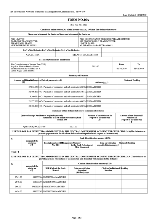 Form 16a Tax Information Network Of Income Tax Department Printable 