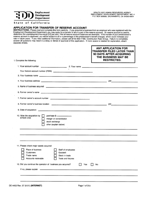 Form De 4453 - Application For Transfer Of Reserve Account Printable pdf