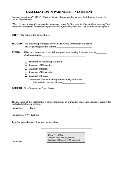 Form Cr2e069 - Cancellation Of Partnership Statement Printable pdf