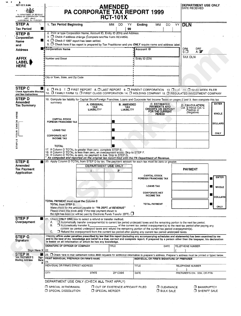 Form Rct-101x - Amended Pa Corporate Tax Report - 1999
