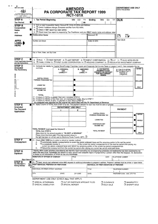 Form Rct-101x - Amended Pa Corporate Tax Report - 1999 Printable pdf