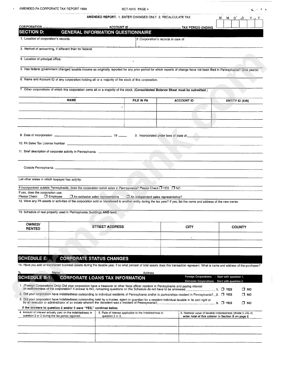 Form Rct-101x - Amended Pa Corporate Tax Report - 1999