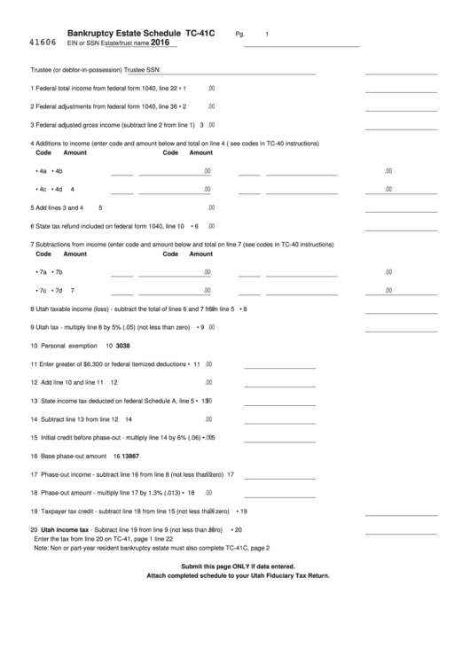 Fillable Form Tc-41c - Bankruptcy Estate Schedule - 2016 Printable pdf