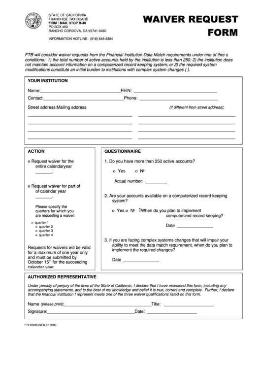 Fillable Form Ftb 2049b - Waiver Request Form Printable pdf