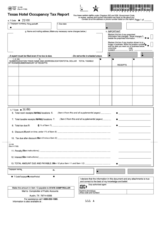 Form 12-100/form 12-101 - Texas Hotel Occupancy Tax Report
