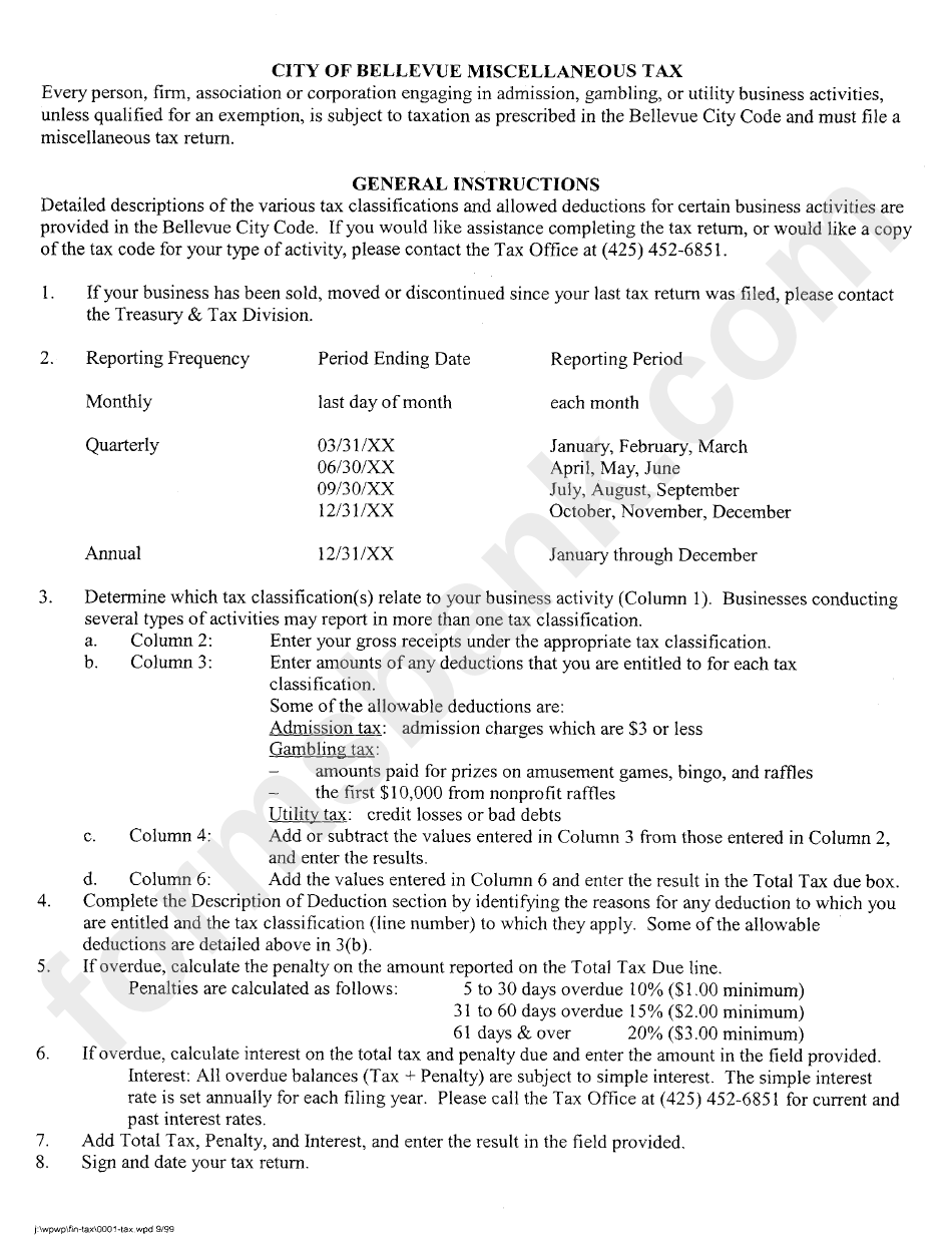 City Of Bellevue Miscellaneouse Tax Instructions