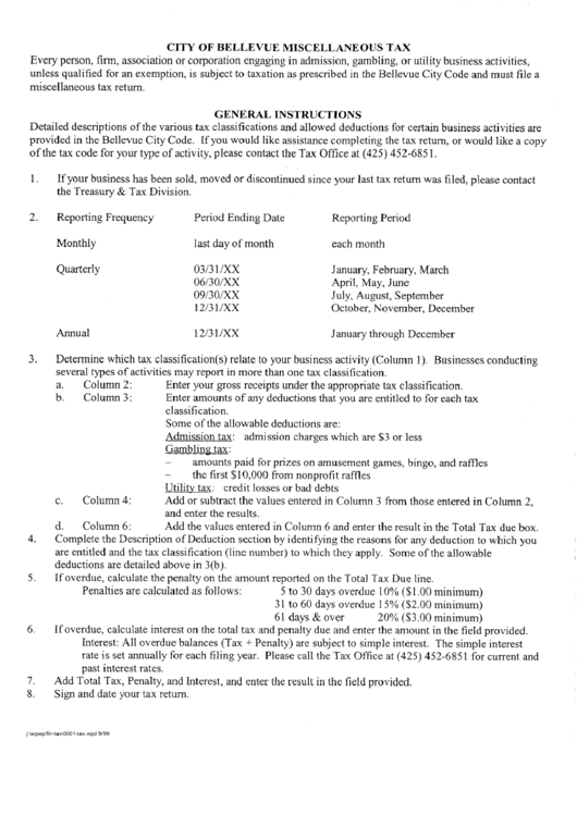 City Of Bellevue Miscellaneouse Tax Instructions Printable pdf