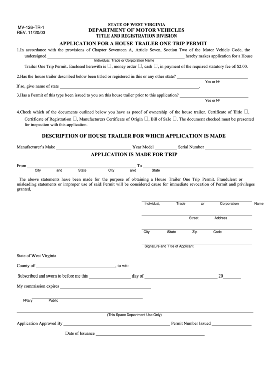Fillable Form Mv-126-Tr-1 - Application For A House Trailer One Trip Permit Printable pdf