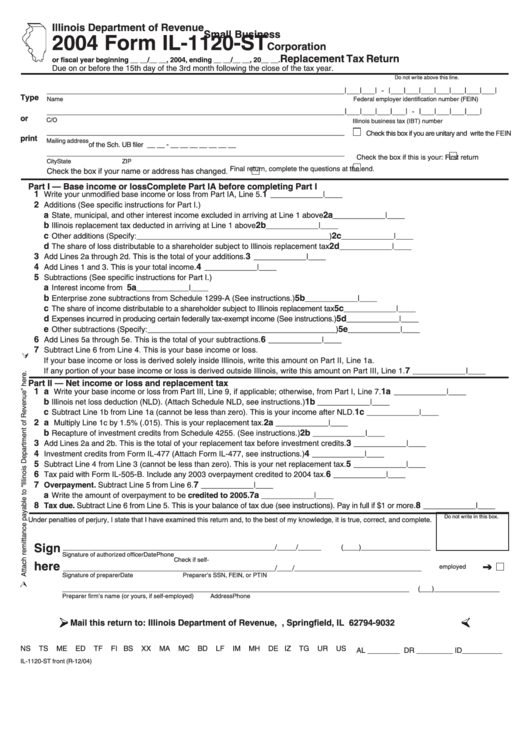 Form Il-1120-St - Small Business Corporation Replacement Tax Return - 2004 Printable pdf
