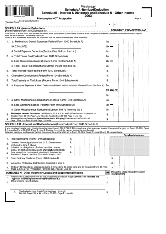 Form 80-135-03-8-1-000 - Schedule A - Itemized Deduction Schedule B - Interest & Dividends And Schedule N - Other Income - 2003 Printable pdf