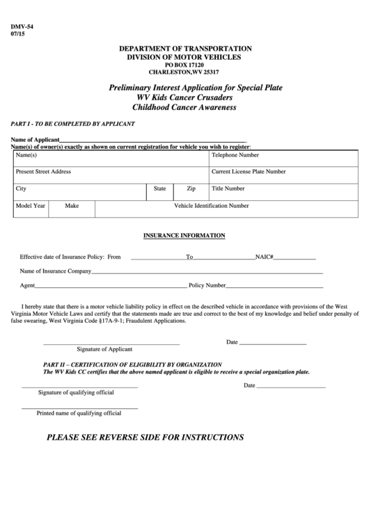 Form Dmv-54 - Preliminary Interest Application For Special Plate, Wv Kids Cancer Crusaders, Childhood Cancer Awareness