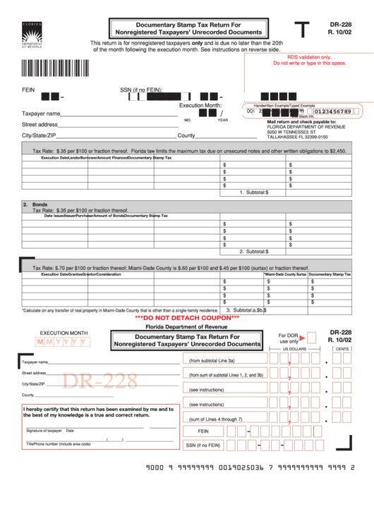 Form Dr-228 - Documentary Stamp Tax Return For Nonregistered Taxpayers