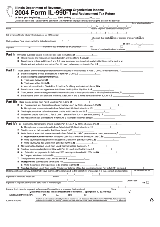 Form Il-990-T - Exempt Organization Income And Replacement Tax Return - 2004 Printable pdf
