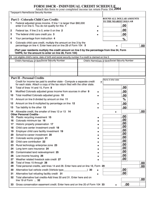 Fillable Form 104cr - Individual Credit Schedule - 2004 Printable pdf
