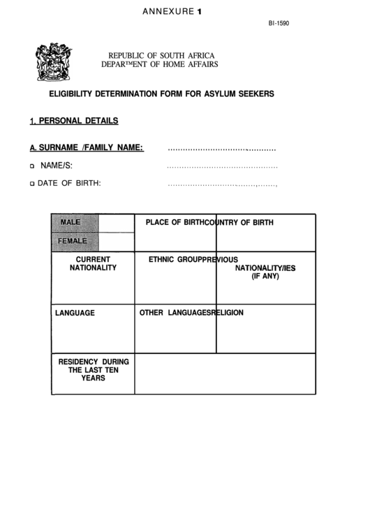 Form Bi-1590 - Eligibility Determination Form For Asylum Seekers Printable pdf